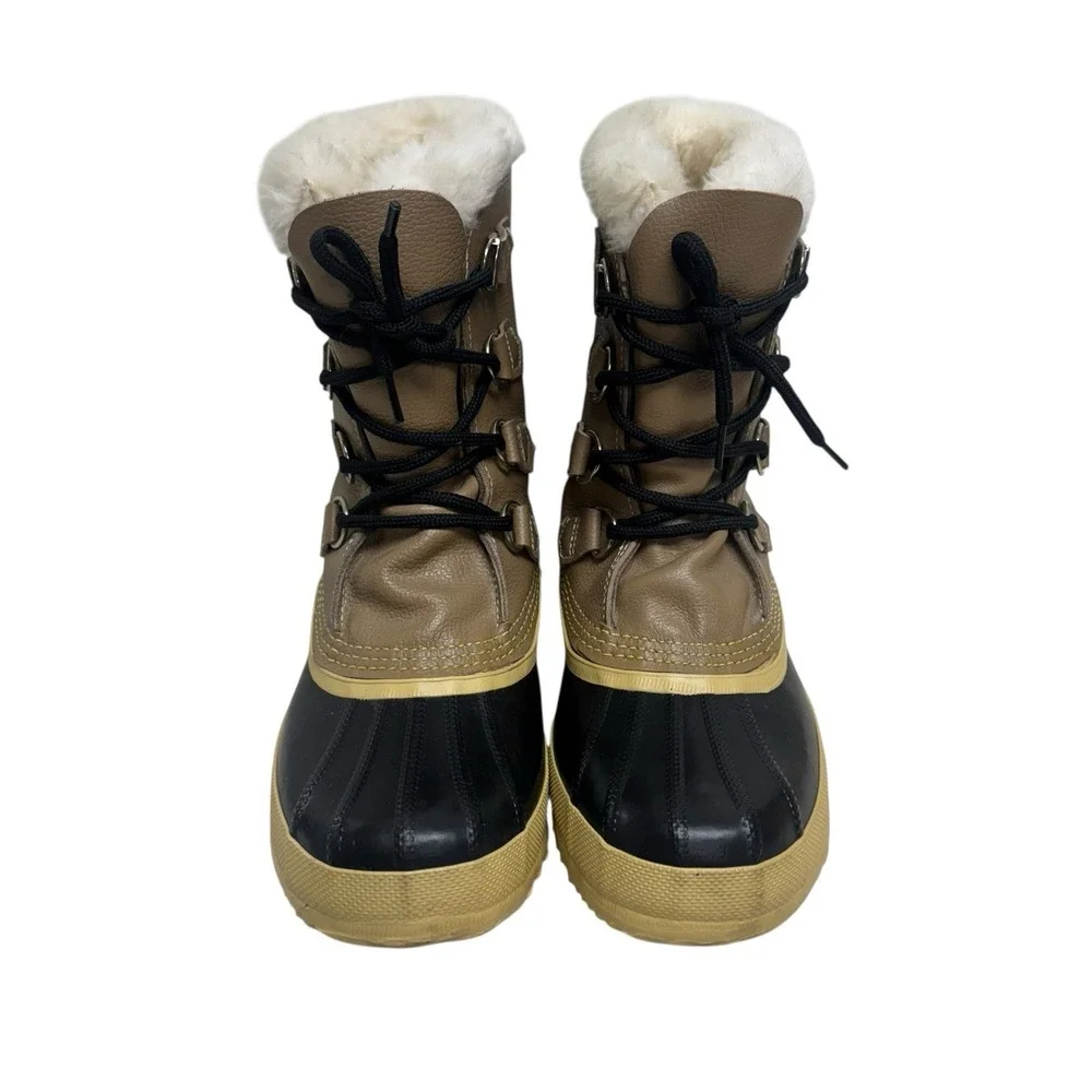 SOREL Women's Size 7 Manitou Tan/Blk Leather‎ Snow Winter Boots Made in CANADA